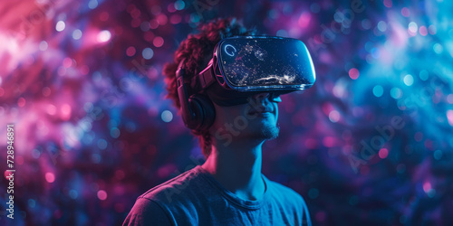 Virtual Reality Excursion. Man experiencing a virtual reality environment with a glowing VR headset.