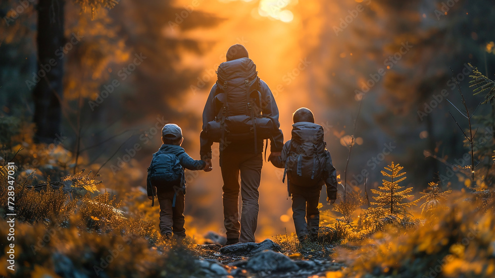 Silhouette of people with trekking poles on mountain. Generative AI.