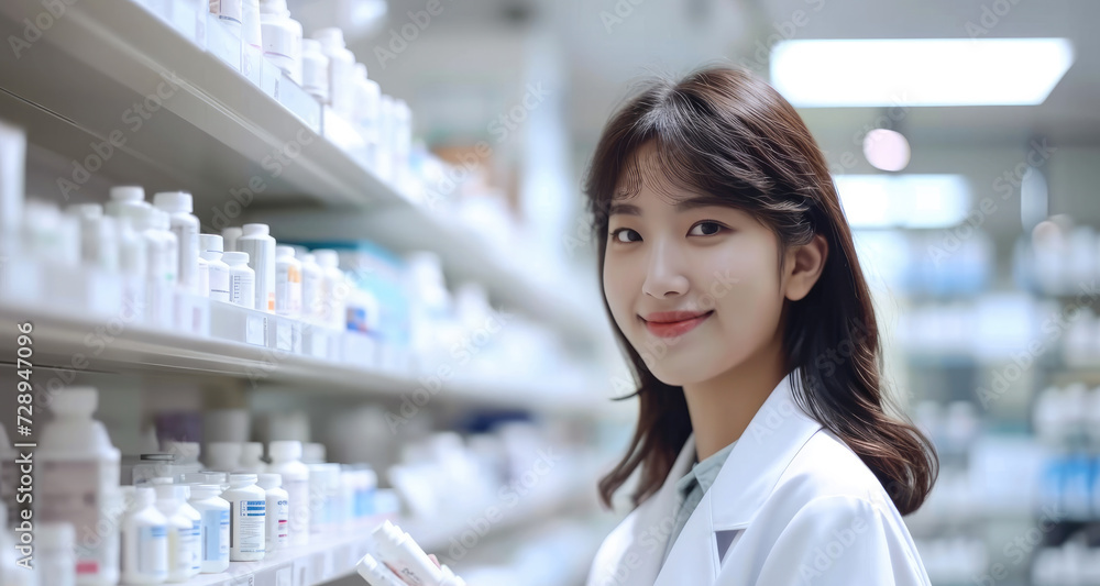 Beautiful young Asian pharmacist searching for the medication on a shelf in the drugstore. Generative AI.