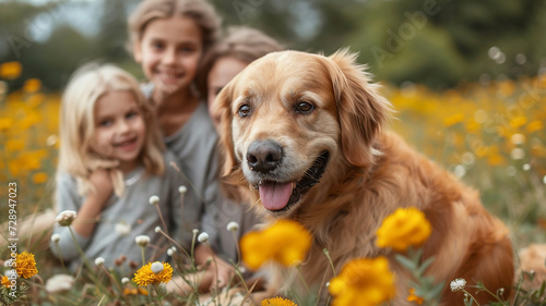  Lovely girl and mother and father with companion animal, bunny rabbit, cat, dog. Generative AI photo