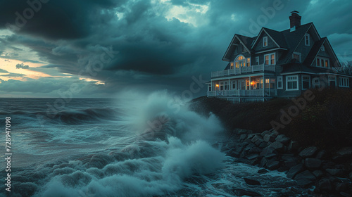 A coastal Cape Cod house on a cliff overlooking the ocean, with waves crashing against the rocks below, during a stormy afternoon