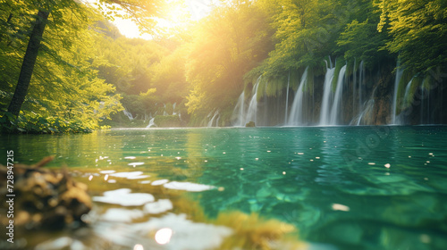 A series of cascading waterfalls in Plitvice Lakes National Park  Croatia  with crystal clear turquoise waters