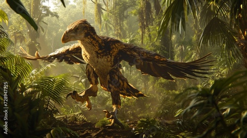 One raptor takes the lead its head held high as it leads the pack through the dense jungle foliage its eyes scanning for any signs of movement from their target. photo