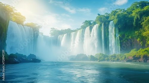 The majestic Iguazu Falls, spanning the border between Argentina and Brazil, with thousands of cascades photo