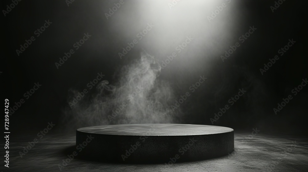 Podium black dark smoke background product platform abstract stage texture fog spotlight. Dark black floor podium dramatic empty night room table concrete wall scene place display studio smoky dust