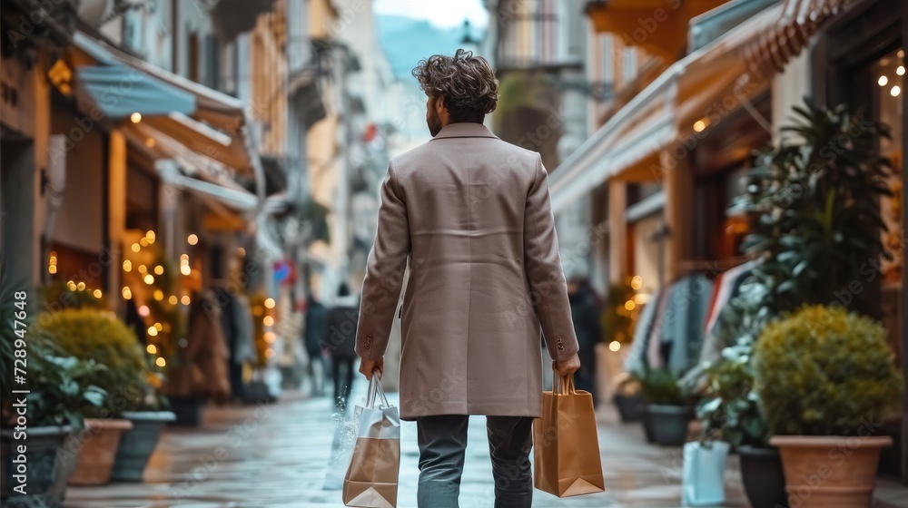 Sales, lifestyle concept, Handsome man with shopping bags walking in stores on a city street, view from behind. Generative AI.