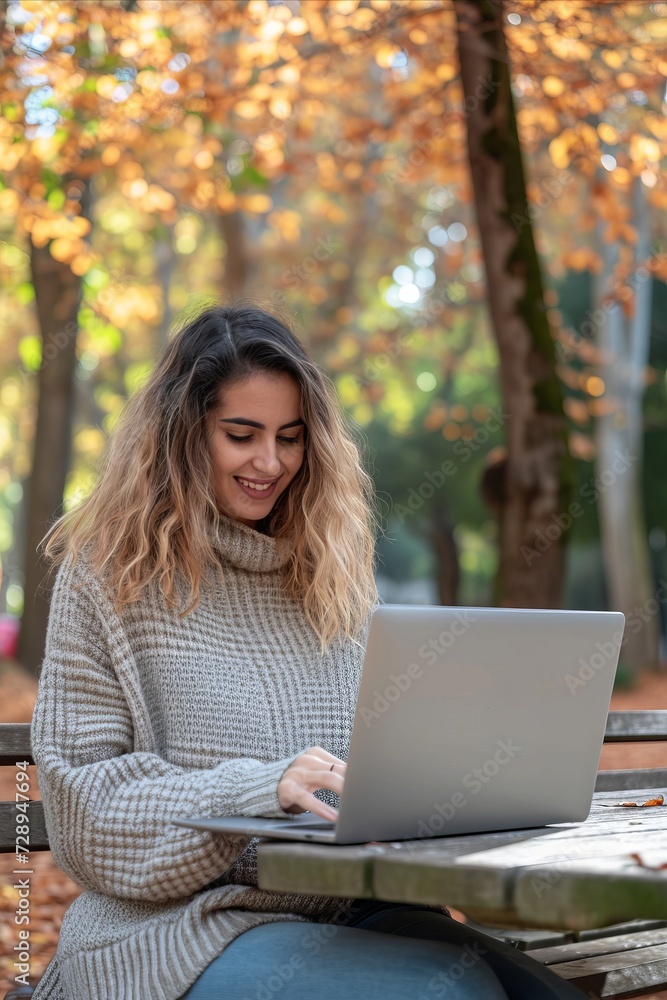 Beautiful young woman using a laptop computer in the park in autumn Beautiful young woman using a laptop computer in the park in autumn