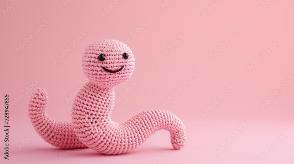 Fototapeta premium Crocheted worm toy vibrant backdrop, handcrafted and adorable, Ai Generated
