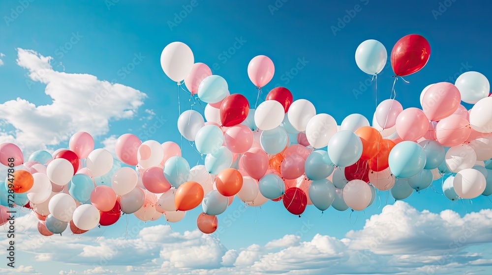 Colorful inflatable balloons on a blue sky background.