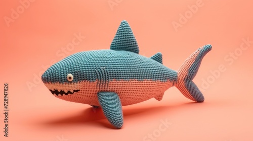 Crocheted shark toy vibrant backdrop, handcrafted and adorable, Ai Generated