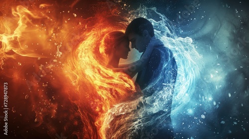 A passionate couple in love, entwined, with elements of fire and water, Ai Generated.