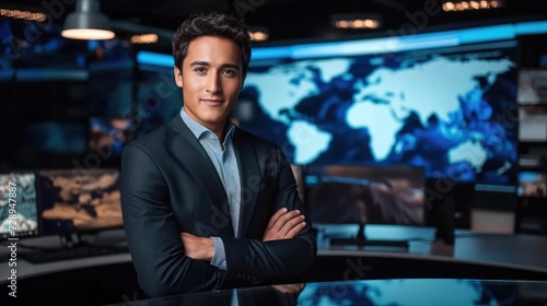 Handsome guy in a suit, a tv news presenter on a popular channel live stream broadcast on television. weather forecast in studio. Generative AI.