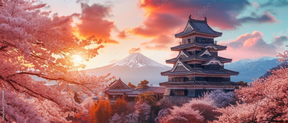 Cherry blossom trees frame a beautiful Japanese temple, creating a serene and enchanting scene, Ai Generated.