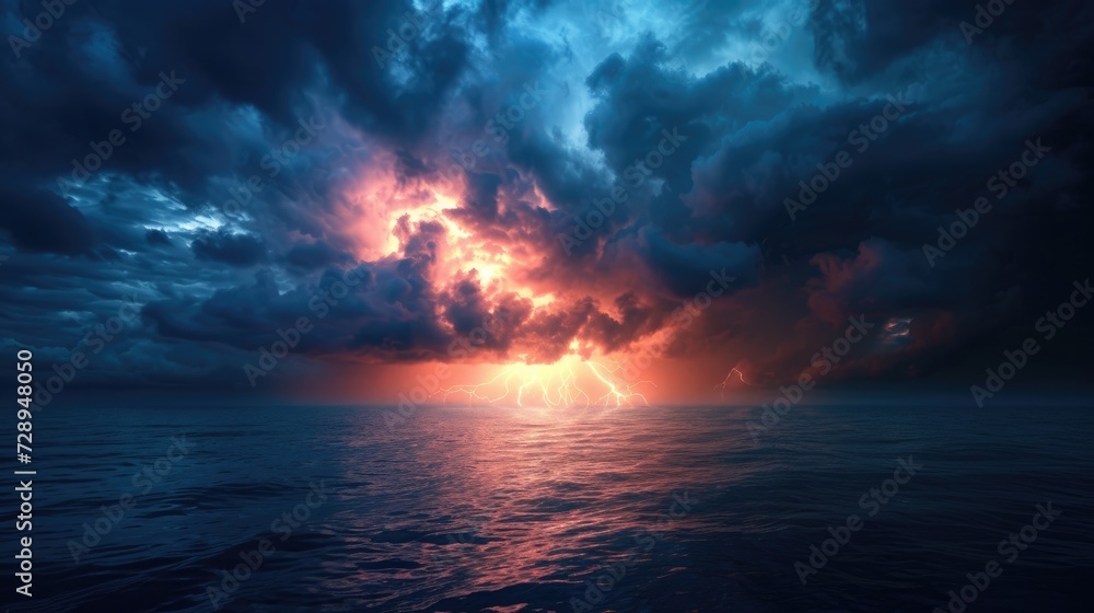 Fierce lightning storm illuminates the vast ocean expanse, nature's electrifying spectacle, Ai Generated