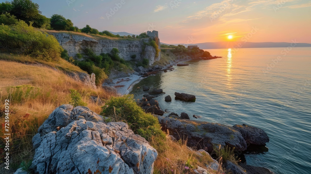 A beautiful view of Bulgaria's coast at sunrise, painting a serene and tranquil scene, Ai Generated. - obrazy, fototapety, plakaty 