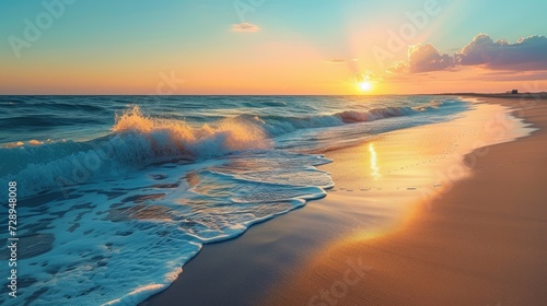Sunset paints a tranquil beach with golden sands kissed by gentle waves  Ai Generated