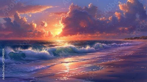 Vibrant painting captures a sunset over the ocean  waves crashing  clouds swirling  Ai Generated