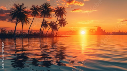 Sunset casts a warm glow over palm trees by the water s edge  a tropical oasis  Ai Generated