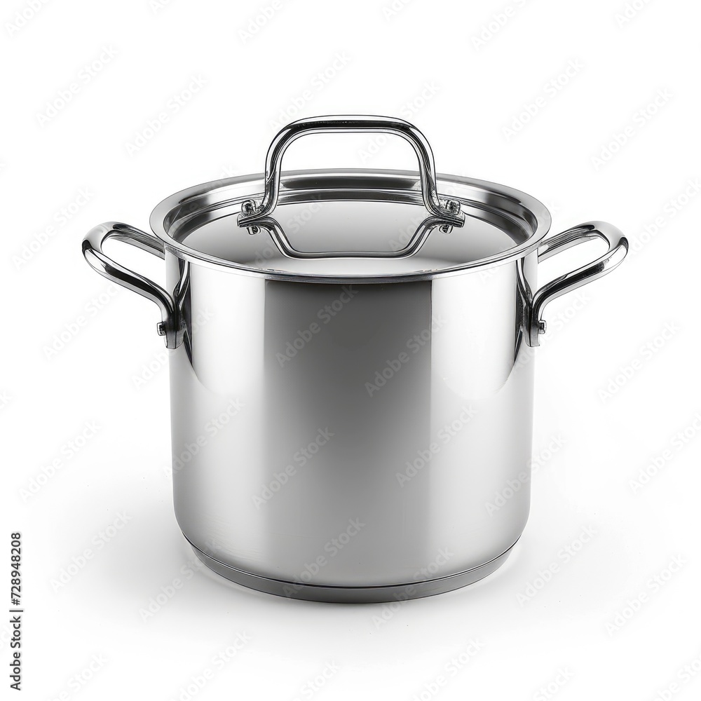 Stainless steel cooking stock pot isolated on white, ideal for kitchen designs, Ai Generated. Stainless steel cooking stock pot isolated on white, ideal for kitchen designs, Ai Generated.