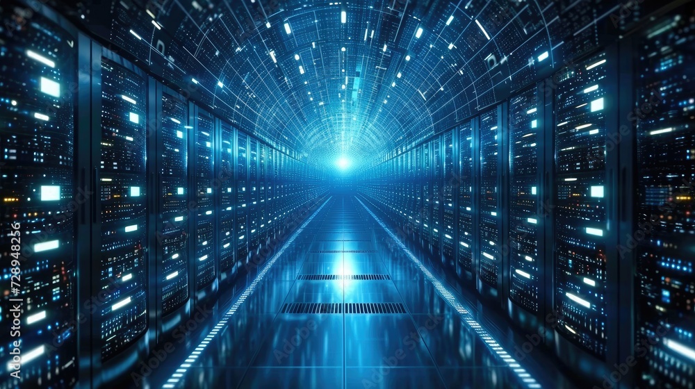 Abstract concept of blue tunnel with computer number matrix code. big data information internet storage connection server in a tech company. Generative AI. Abstract concept of blue tunnel with computer number matrix code. big data information internet storage connection server in a tech company. Generative AI.
