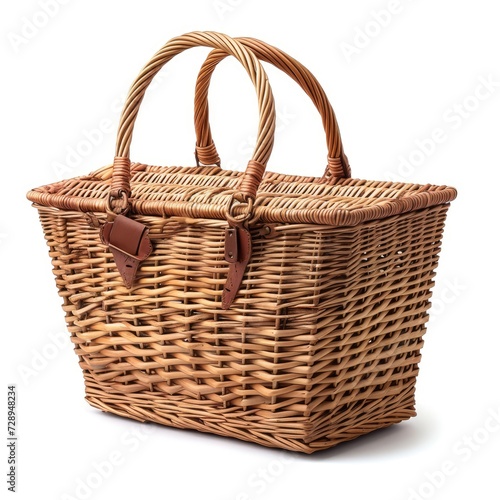Handmade woven wicker rattan picnic basket isolated on white background, Ai Generated.
