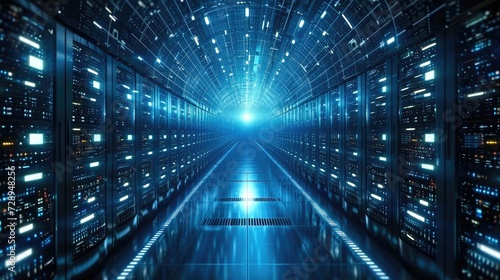 Abstract concept of blue tunnel with computer number matrix code. big data information internet storage connection server in a tech company. Generative AI. © visoot