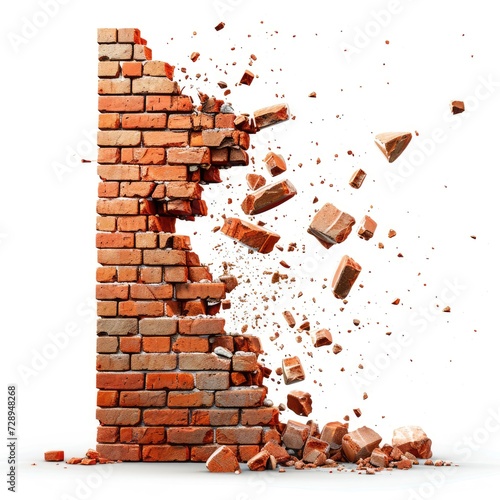 Red brick wall breaking apart, isolated on white - dynamic destruction, Ai Generated.