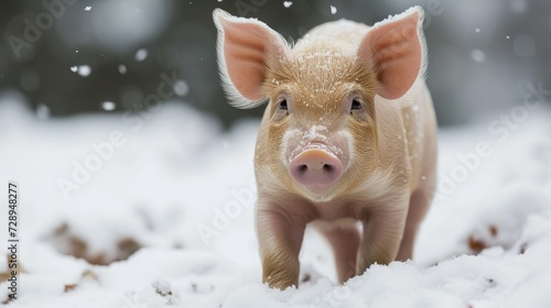 Small pig stands on top of snow, its trotters leaving prints in the cold white surface, Ai Generated. photo