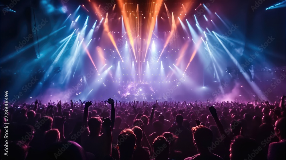 Live, rock concert, party, festival night club crowd cheering, stage lights, A huge crowd of people dancing at a music concert with epic lights at the arena stadium. Generative AI.