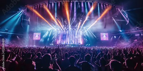 Live, rock concert, party, festival night club crowd cheering, stage lights, A huge crowd of people dancing at a music concert with epic lights at the arena stadium. Generative AI. photo