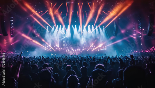 Live, rock concert, party, festival night club crowd cheering, stage lights, A huge crowd of people dancing at a music concert with epic lights at the arena stadium. Generative AI.