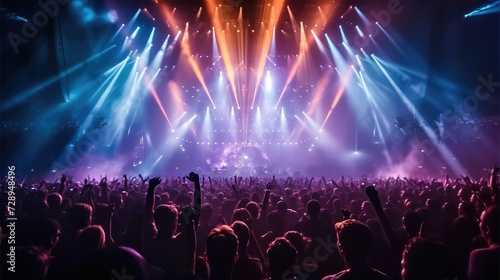 Live, rock concert, party, festival night club crowd cheering, stage lights, A huge crowd of people dancing at a music concert with epic lights at the arena stadium. Generative AI.