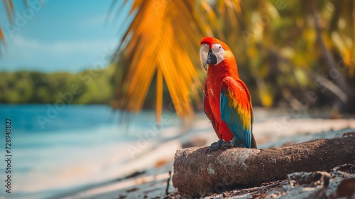 A parrot perched on a log on the beach.