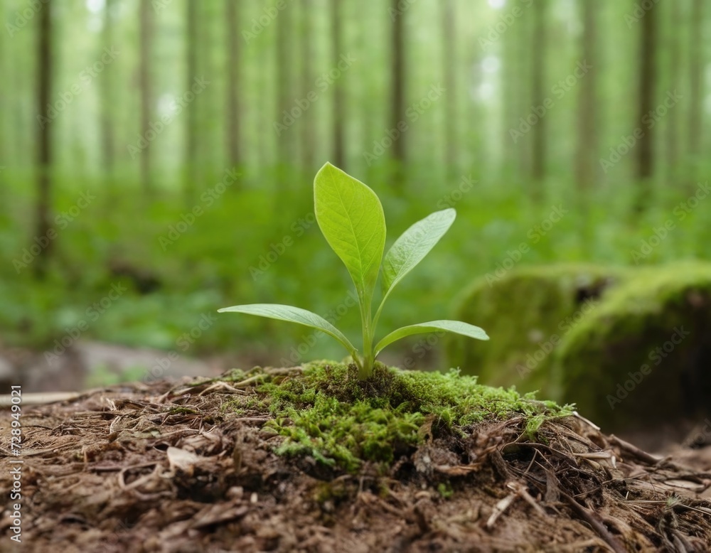 close-up of a green plant growing on a chunk of earth, with the rest of the forest blurred in the background