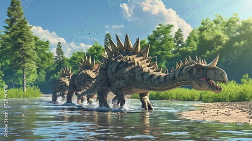 A group of stegosaurs wade through a shallow river their spiked tails swishing behind them.
