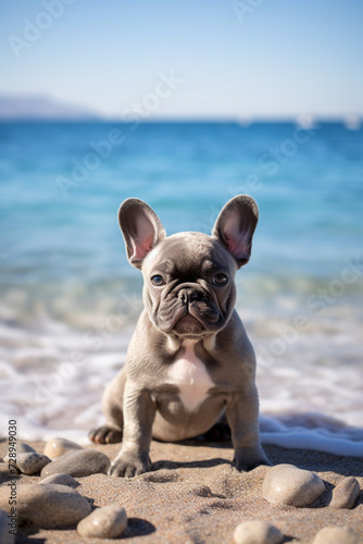 A Grey French Bulldog Puppy Sitting in the Sand on the Beach in front of the Water During Daytime  © Cristiana S