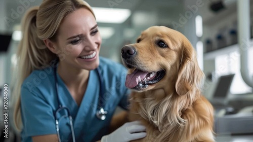Animal pet health checkup. Female vet nurse doctor examining a cute dog making medical tests in a veterinary clinic. Generative AI. photo