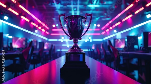 The esports winner trophy standing on the stage in the middle of the arena of the computer video game championship. Two rows of PCs for competing teams. Stylish neon lights with a cool design © Jennifer