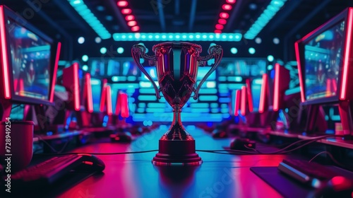 The esports winner trophy standing on the stage in the middle of the arena of the computer video game championship. Two rows of PCs for competing teams. Stylish neon lights with a cool design