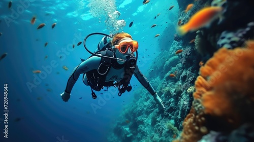 A professional diver scuba swimming and observing fishes and corals in a blue ocean with a fascinating reef view. Generative AI.