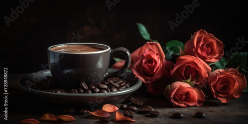 Coffee cup, red and pink roses and roasted coffee beans on a table on black background. Coffee and Flowers