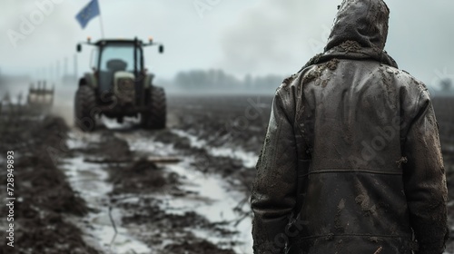 A hungry and desperate farmer faces thick mud in a sad scene with a tractor in the background with an EU flag. Concept of hard work and challenges of nature with tractor under bad weather.