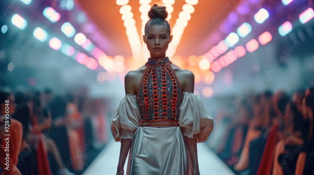 A model is walking the runway at a fashion show week evening. Generative AI.