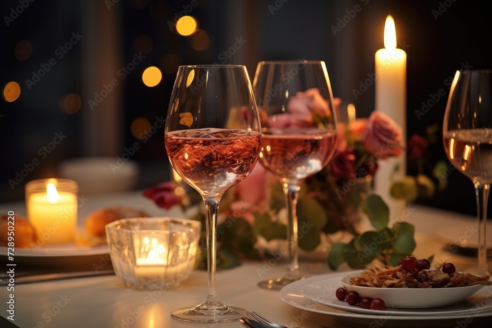 A table adorned with glasses of wine and plates of food, inviting viewers to partake in a delightful dining experience.