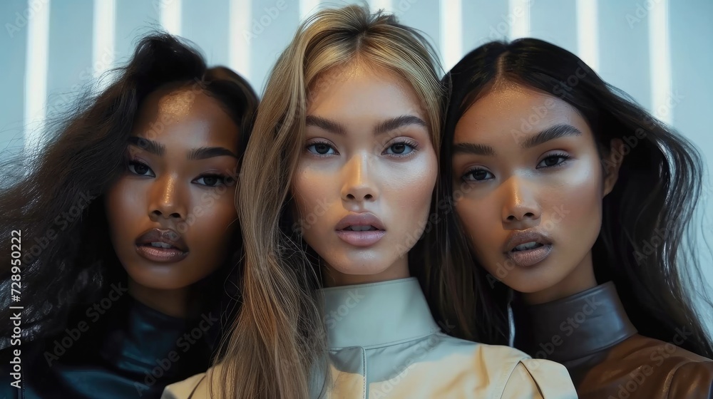 Three beautiful female models standing next to each other at a fashion ad show, different ethnicity symbolizing diversity equality and equity. Generative AI. Three beautiful female models standing next to each other at a fashion ad show, different ethnicity symbolizing diversity equality and equity. Generative AI.