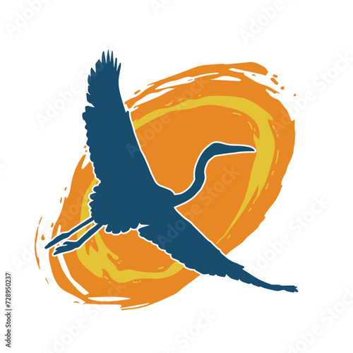 
Silhouette of crane bird in elegant pose isolated on white background.
