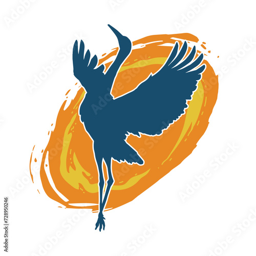 
Silhouette of crane bird in elegant pose isolated on white background.