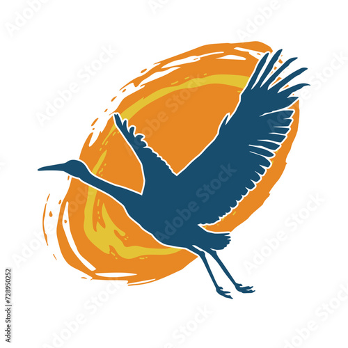 
Silhouette of crane bird in elegant pose isolated on white background.