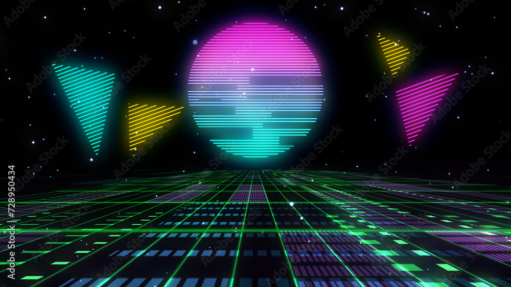 Retro Sci-Fi Background Futuristic Grid landscape of the 80`s. Digital Cyber Surface. Suitable for design in the style of the 1980`s. 3D illustration