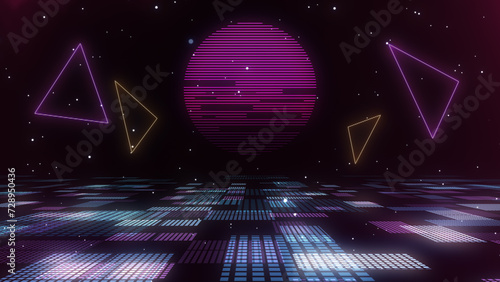 Retro Sci-Fi Background Futuristic Grid landscape of the 80`s. Digital Cyber Surface. Suitable for design in the style of the 1980`s. 3D illustration